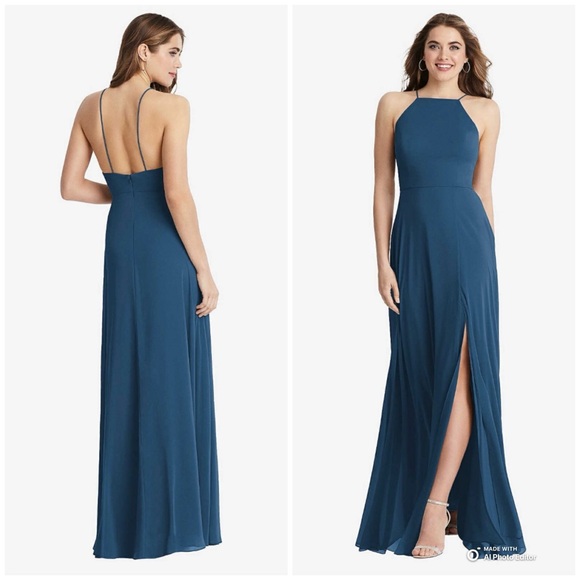 Lovely Lela High Neck Chiffon Formal Maxi Dress Dusk Blue Size 12 LB010 NWT - Picture 1 of 16
